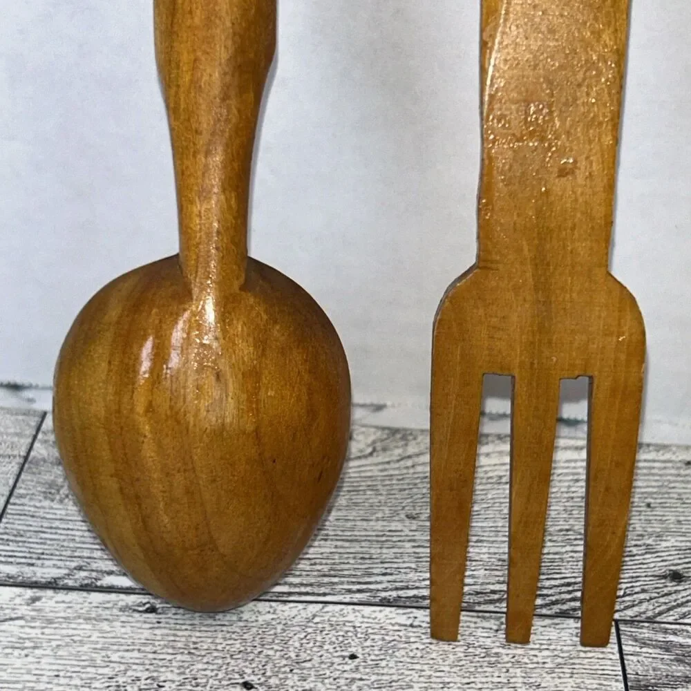 Hand Carved & Painted Wood Small Serving Fork & Spoon Set with Flowers